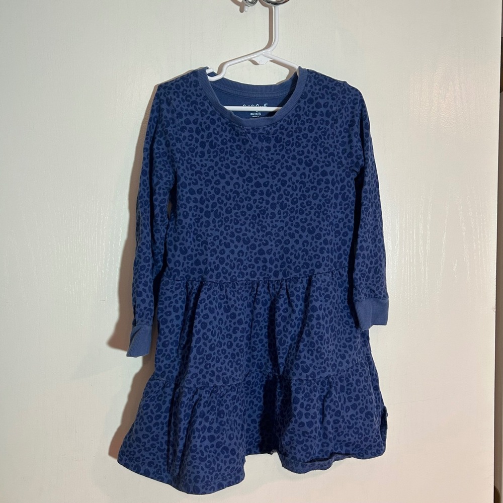 Cat & Jack Girls Dress XS 4/5 Blue‎ Leopard Print Long Sleeve Tiered Casual